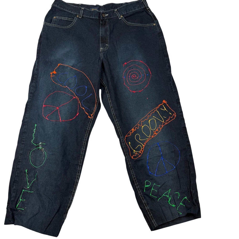Lee Loose Dungaree Jeans 36x30 Blue Custom Embroidery Puff Paint Y2K Skater